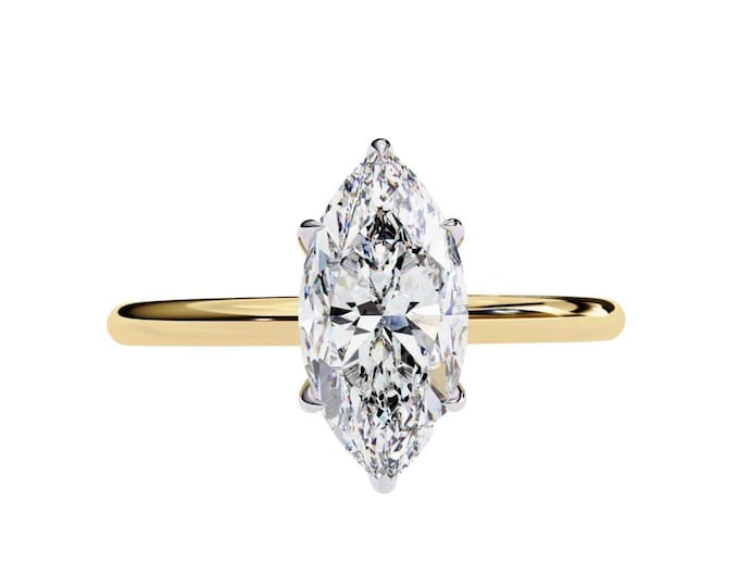 Elongated Marquise Cut Moissanite Solitaire Ring in Yellow Gold Elegant Engagement Ring Classic 6 Prong Setting Timeless Bridal Jewelry
