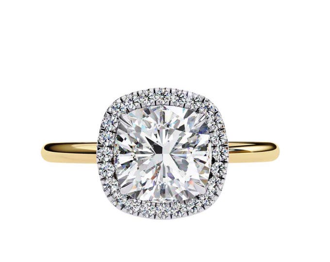 Cushion Cut Moissanite 1.91 TCW Wedding Ring Halo Solitaire with Diamond Accents Dainty Minimalist Wedding Ring Custom Bridal Jewelry