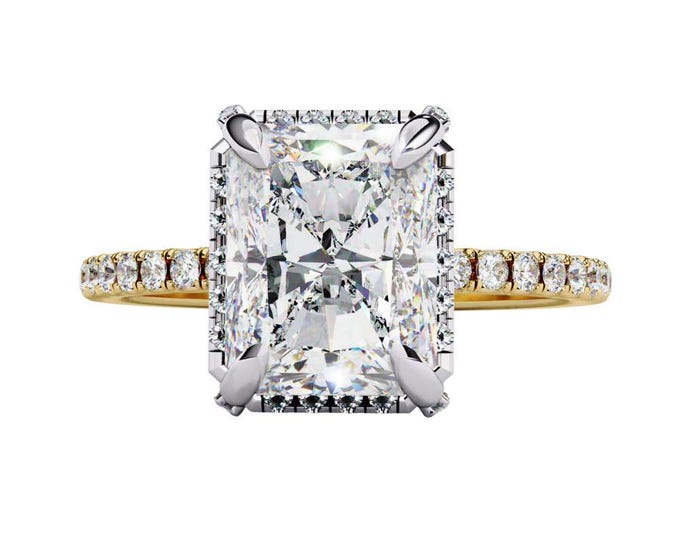 3.38 TCW Radiant Cut Moissanite Ring Dainty Diamond Accent Band Handmade Bridal Ring Anniversary Proposal or Wedding Gift for Women
