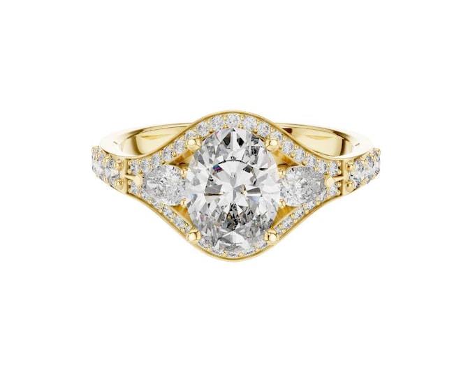 Oval Cut Moissanite Engagement Ring 14K Gold Curved Side Stone Ring Vintage Inspired Bridal Jewelry Elegant Statement Ring for Her