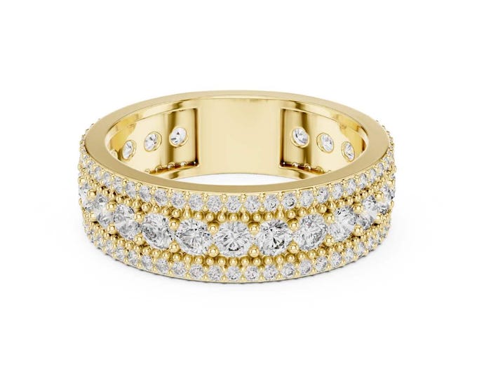 Hot Spelling 1.86 TCW Gold Triple Row Diamond Eternity Ring Three Row Pave Band Stackable Wedding Anniversary Gift for Her