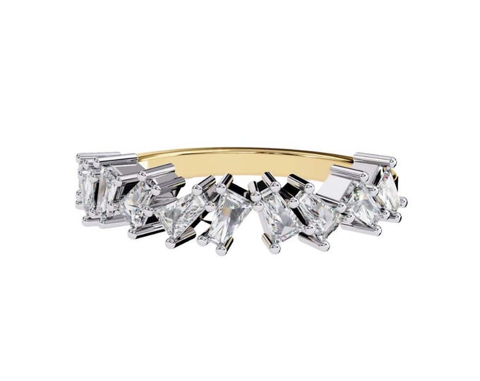 Wedding Gold Baguette Moissanite Bright Cluster Band Modern Elegant Stacking Ring, Unique Sparkling Gold Jewelry Gift for Women Engagement