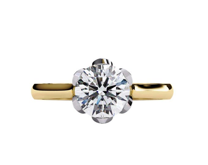 Floral Inspired Round Moissanite Solitaire Ring in Yellow Gold Elegant Petal Setting Minimalist Engagement Ring Dainty Bridal Jewelry Gift