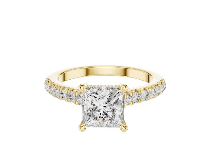 Perfect Princess Cut Solitaire Moissanite Engagement Ring in Gold with Pave Band Elegant Classic Bridal Ring or Proposal Jewelry Gift