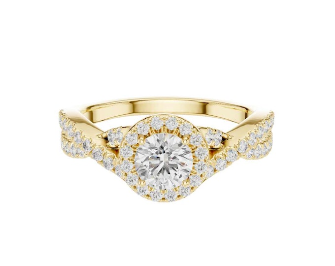 1.186 CT Twisted Halo Moissanite Ring: Handmade Round Cut Sterling Silver Wedding Ring Gold Twisted ring for her