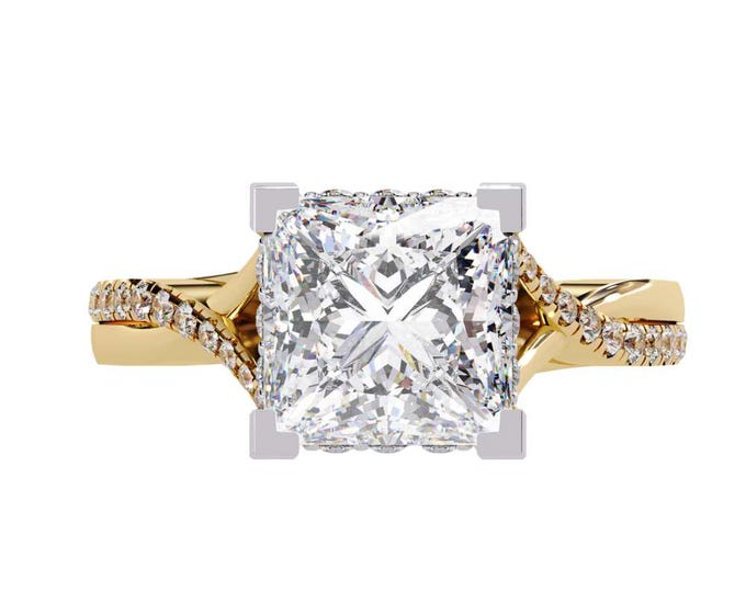 Princess Cut Moissanite Engagement Ring in Yellow Gold with Twisted Diamond Band Elegant Modern Square Solitaire Bridal Jewelry Gift
