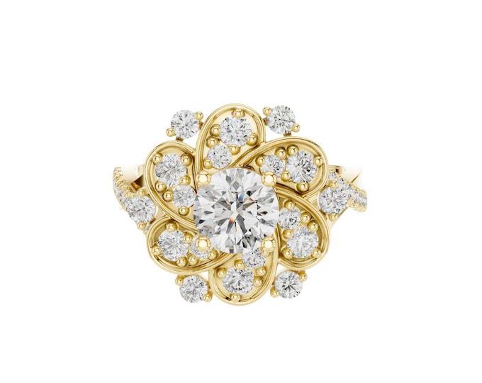 Vintage Floral Engagement Ring Gold Moissanite Flower Ring Unique Bridal Ring Antique Style Wedding Ring Art Deco Ring