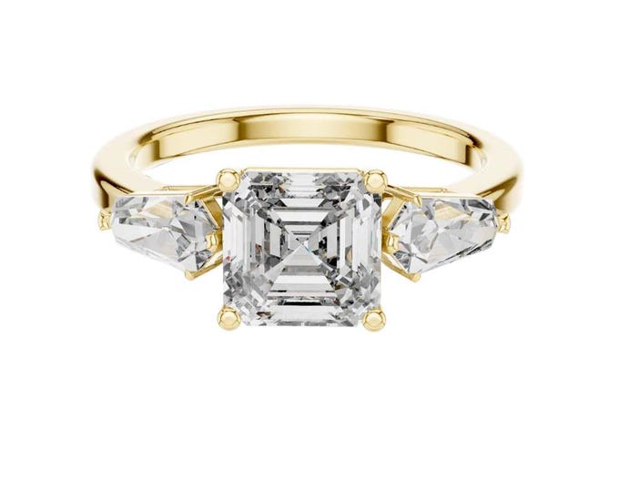 3.00 CT Asscher Cut Diamond Engagement Ring Three Stone Trapezoid Side Stones in Yellow Gold  Vintage Inspired Moissanite Ring