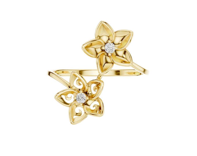 Round Moissanite Double Flower Ring with Diamond Accents Adjustable Floral Statement Ring for Women Delicate Open Design Ring Jewelry Gift