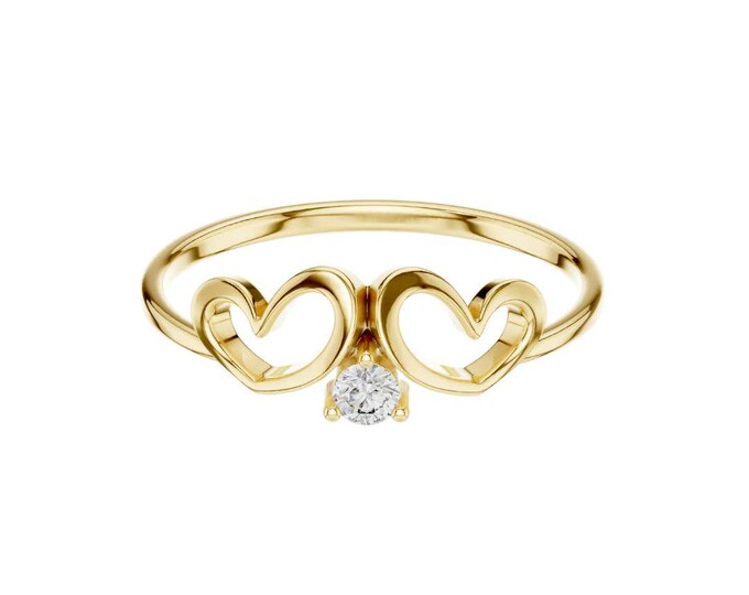 Stylish Double Heart Ring with Moissanite Center Stone Dainty Round Diamond Promise Ring Romantic Anniversary Ring Minimalist Jewelry Gift