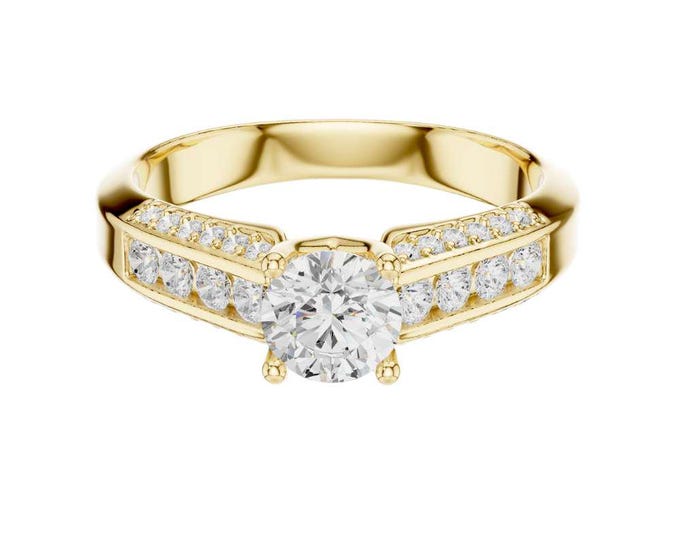 Custom Luxury Round Cut Solitaire Diamond with Double Row Pave Band Bold Elegant Proposal Ring Classic Gold Bridal Jewelry Anniversary Ring