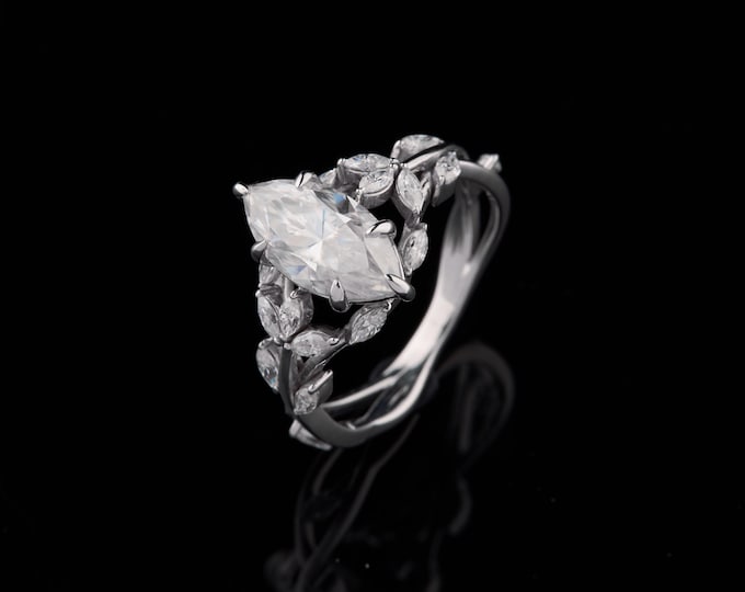 1.30 TCW Marquise Cut Leaf Ring Nature Inspired Vine Ring Sterling Silver Ring with Diamond Simulants Unique Botanical Wedding Jewelry