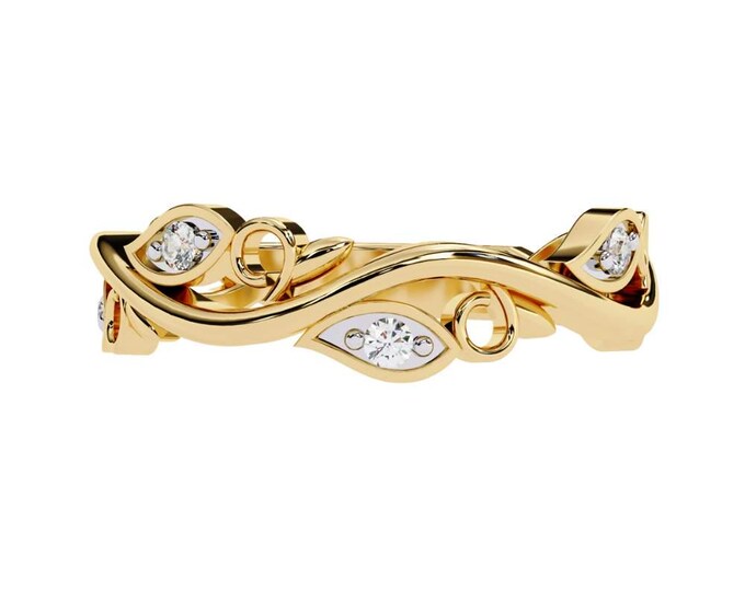 Gold Leaf Vine Band with Marquise Moissanite Stones Nature Inspired Unique Stacking Ring Elegant Sparkling Gold Jewelry Gift for Women