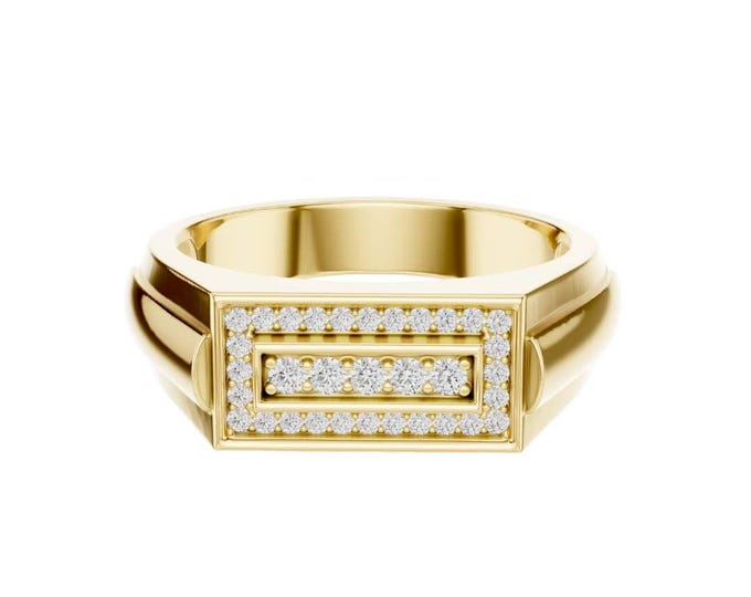 Classic Gold Ring with Rectangular Diamond Cluster Elegant Statement Band with Intricate Detailing Handmade Luxury Jewelry for Him or Her