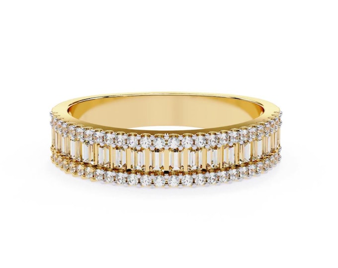 Luxury Baguette and Round Diamond Yellow Gold Statement Band Elegant Wide Anniversary Ring Fine Bridal Jewelry Glamorous Wedding Ring