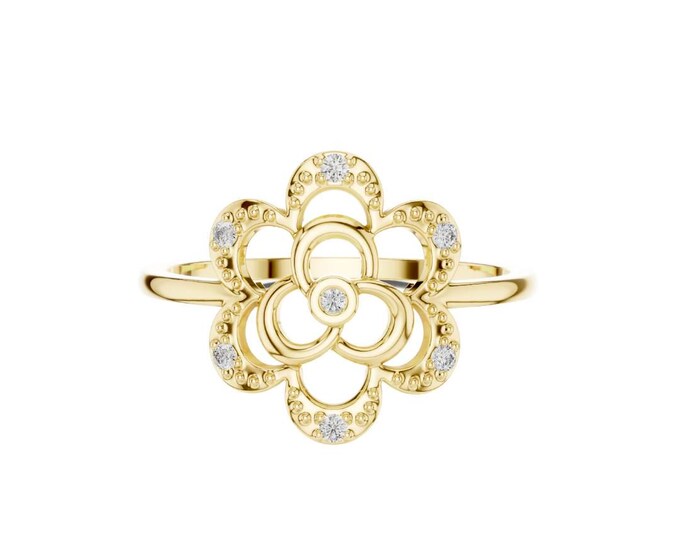 Delicate Gold Floral Openwork Ring with Sparkling Moissanite Stones Elegant Vintage Inspired Statement Jewelry Unique Gift for Women
