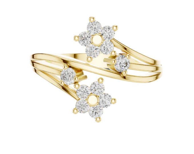 Gold Diamond Flower Ring  Floral Cluster Open Band  Dainty Promise Ring Elegant Cocktail Jewelry  Modern Fine Jewelry Gift for Women