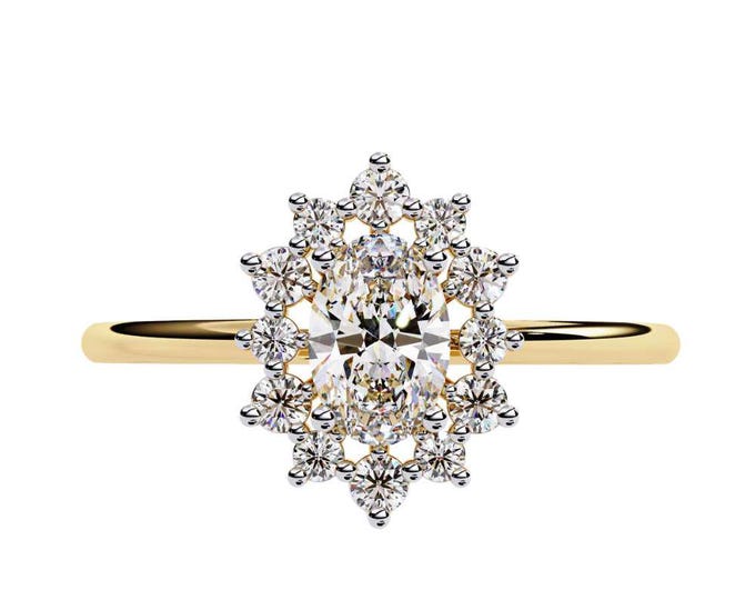 Romantic Oval Diamond Engagement Ring Floral Halo in Yellow Gold Elegant Bridal Jewelry Gift Delicate Love Inspired Ring for Her