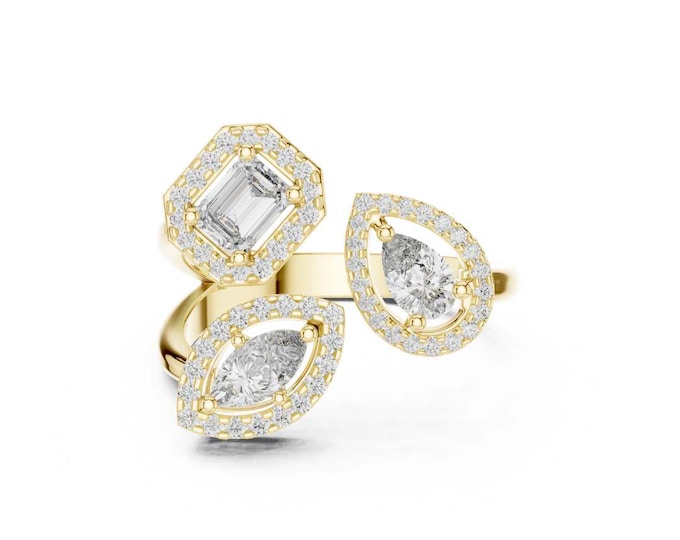 Gold Multi-Shape Moissanite Ring: Pear, Marquise, Emerald Halo