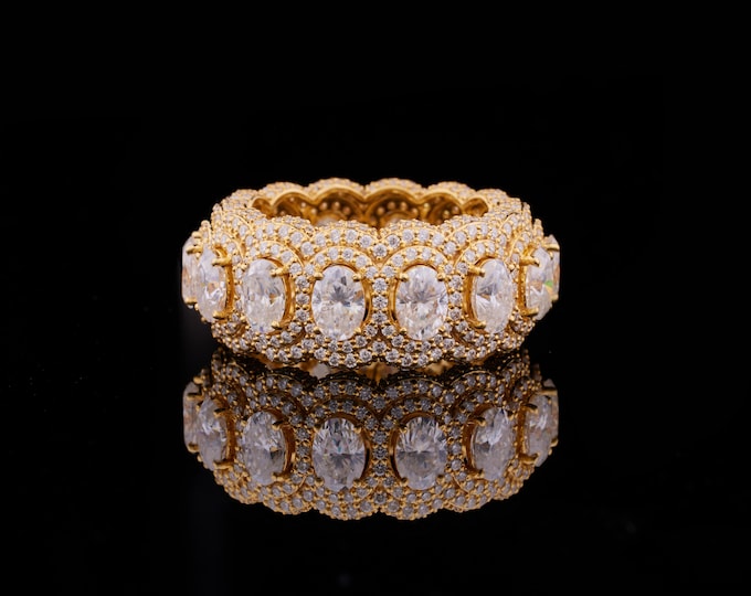 2.08 CT Gold Iced Out Eternity Band Ring Luxury CZ Diamond Oval Cut Bling Ring – Hip Hop Statement Jewelry for Men & Women Rapper Fashion