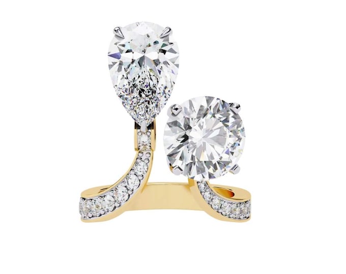 Toi et Moi Engagement Ring with Pear Cut and Round Cut Moissanite in Gold & Silver Diamond Band Luxury Two Stone Bridal Jewelry for Her