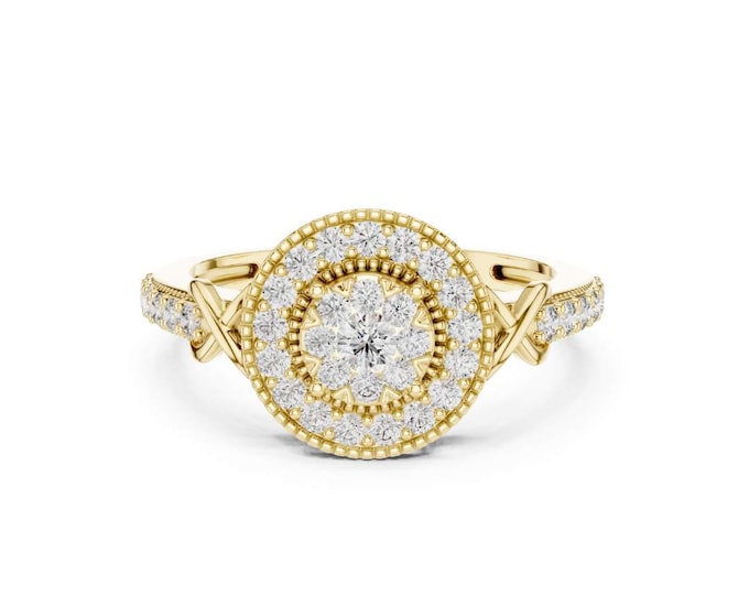 Round Moissanite Halo Engagement Ring in Yellow Gold with Diamond Accents Elegant Bridal Jewelry for Proposal or Special Occasion Gift