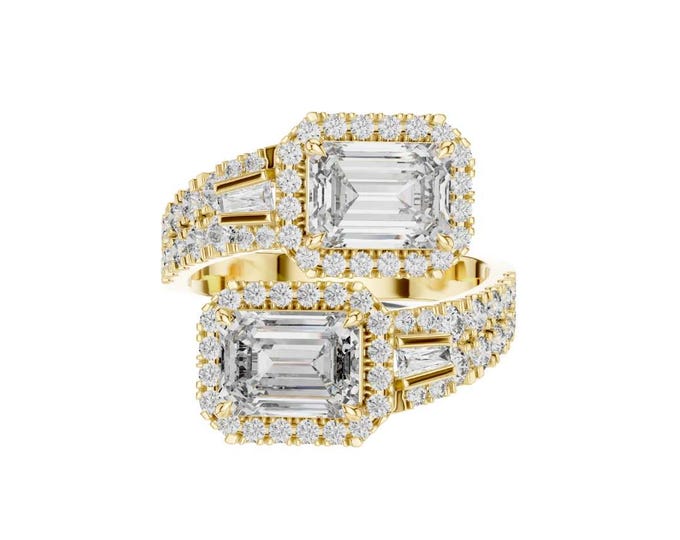 Vintage Emerald Cut Double Stone Ring Gold Bypass Halo Statement Ring Toi et Moi Style Bold Engagement Anniversary Gift for Her