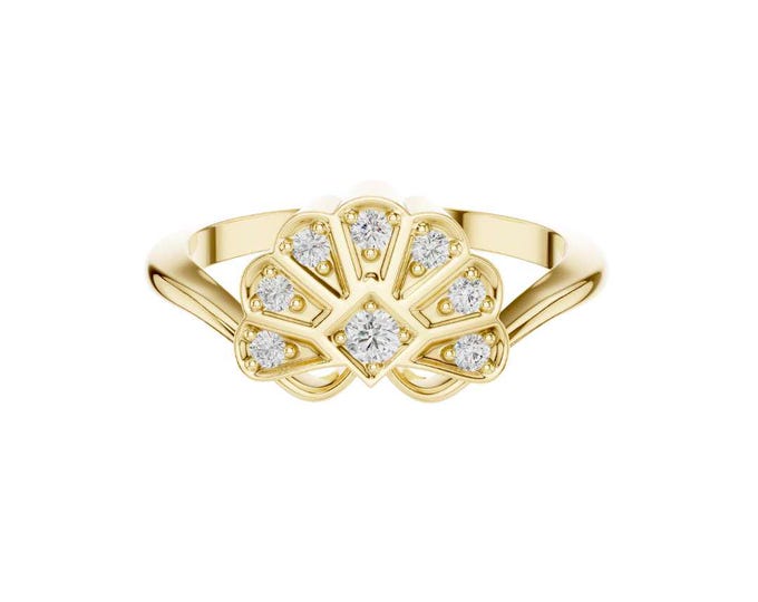 Round Cut Art Deco Fan Ring 14K Gold Moissanite Statement Ring Vintage Inspired Geometric Ring Unique Engagement or Fashion Ring for Her