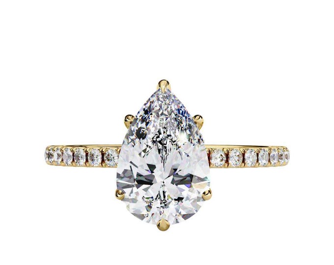 2.09 TCW Pear Cut Moissanite Ring in Yellow Gold with Dainty Pave Band Elegant Solitaire Fine Bridal Jewelry Unique Wedding Gift for Her