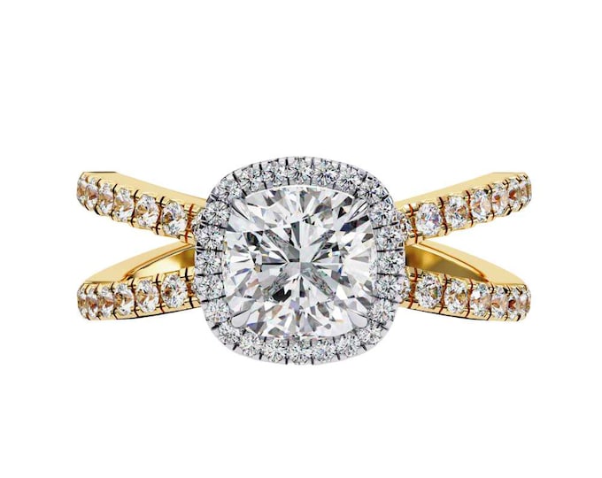 Timeless Cushion Cut Halo Diamond Ring with Criss Cross Pave Band Handcrafted Engagement Ring Luxe Anniversary or Bridal Gift for Her