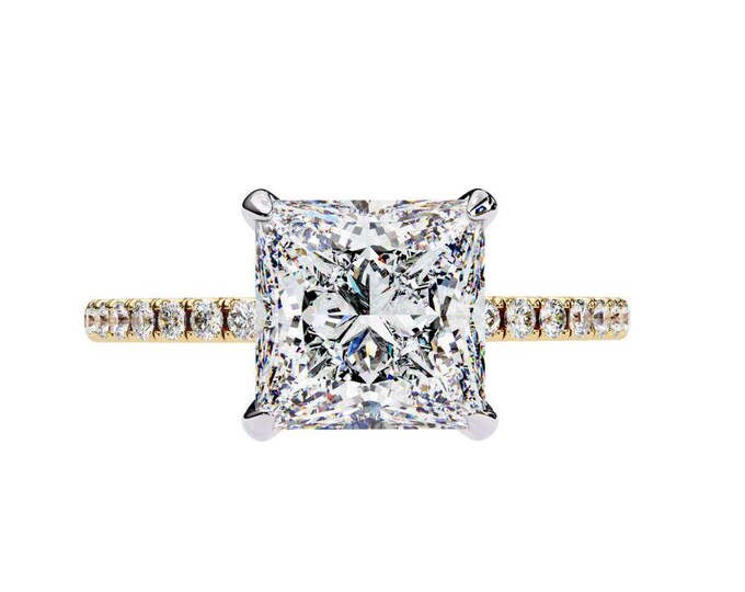 Modern Radiant Princess Cut Moissanite Ring 2.54 TCW Sparkling Solitaire with Pave Diamond Band Luxe Classic Heirloom Bridal Ring Jewelry