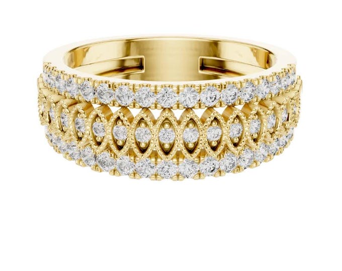 Wide Gold Diamond Band Ring Vintage Inspired Marquise Motif Setting Luxury Anniversary Ring Elegant Cocktail Statement Jewelry for Women