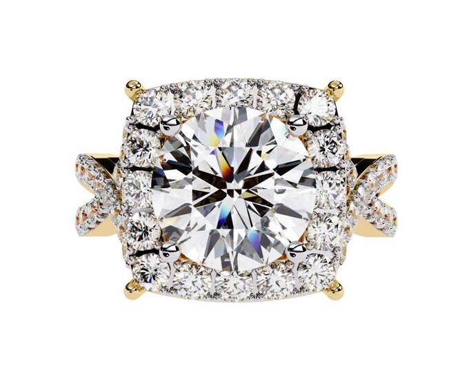 Luxurious Round Halo Moissanite Diamond Ring in Yellow Gold with Dazzling Accented Band Designed for Anniversaries and Timeless Elegance