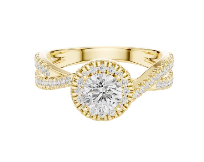 Halo Moissanite Diamond Ring Set Gold, Silver, Rose Gold Twisted Band with Sparkle Pave Stones Round Cut Bridal Ring Unique Wedding Jewelry