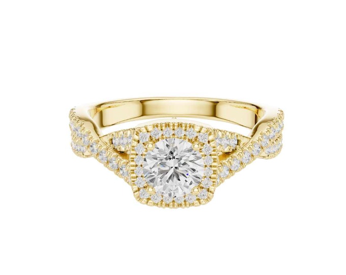 Vintage Inspired Round Cut Diamond Engagement Ring in Yellow Gold  Elegant Halo Setting with Pave Band Bridal & Anniversary Jewelry