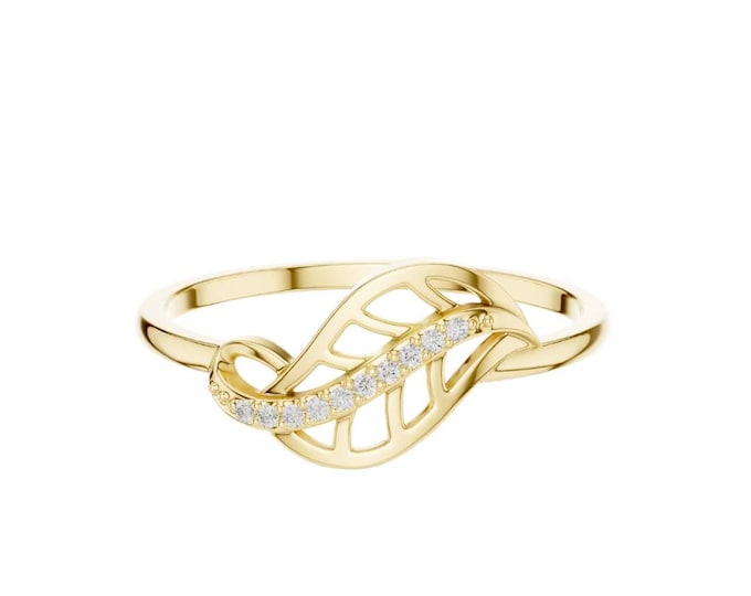 Gold leaf ring with moissanite delicate nature inspired jewelry minimalist botanical women elegant gold stacking unique promise ring