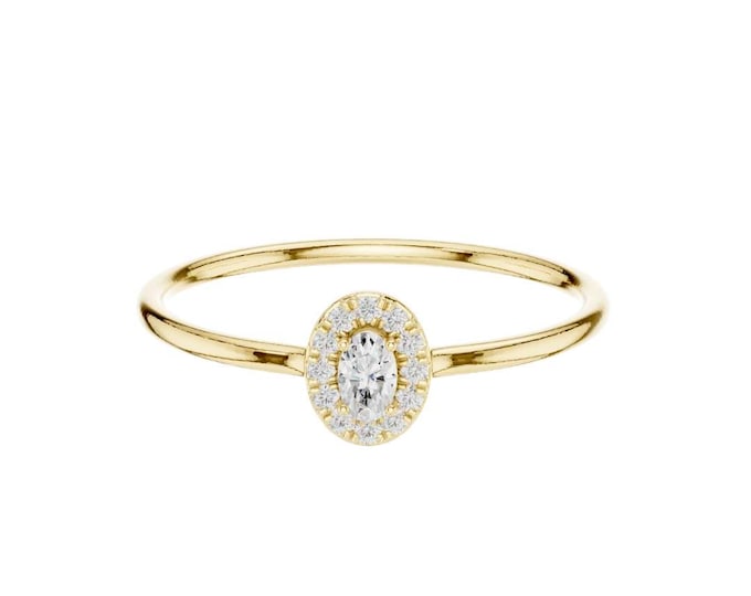Hot Selling Oval Diamond Halo Ring Dainty Gold Wedding Ring Minimalist Promise Ring Delicate Stacking Ring Fine Jewelry Gift for Her