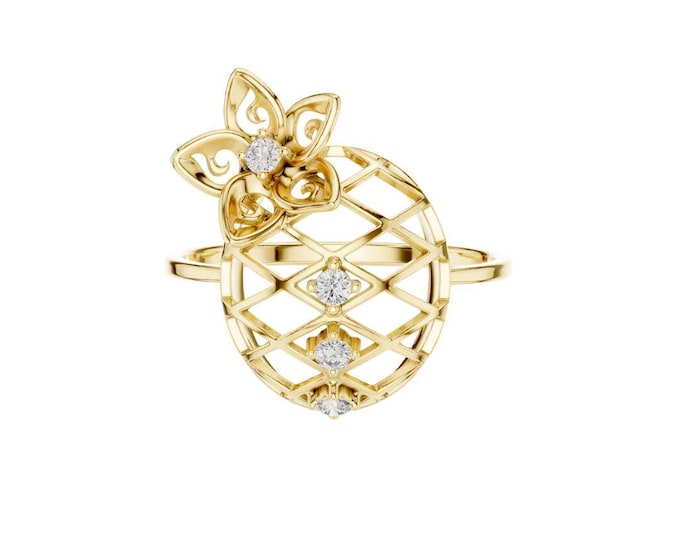 Round Moissanite Pineapple Ring with Diamond Accents Tropical Fruit Jewelry Unique Floral Ring Summer Statement Ring Cute Fruit Inspire Gift