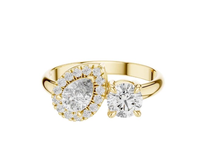 Pear Halo Round Cut Diamond Bypass Ring Unique Dual Stone Gold Statement Ring Toi et Moi Style Anniversary Engagement Gift