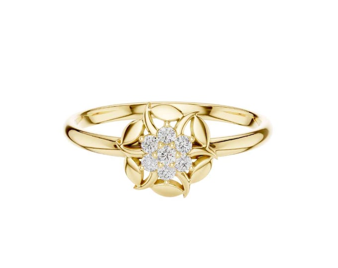 Artistic 14K Yellow Gold Floral Diamond Ring with Geometric Petal Design and Split Band  Unique Handmade Fine Jewelry for Women