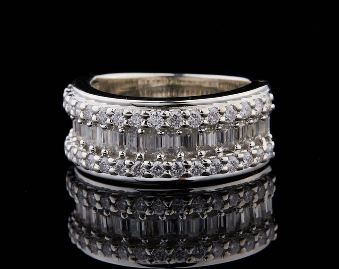 Luxury Wide Band Ring with Baguette and Round Cut Stones Iced Out Silver Statement Ring Sparkly Eternity Wedding Band Men & Women ring Gift