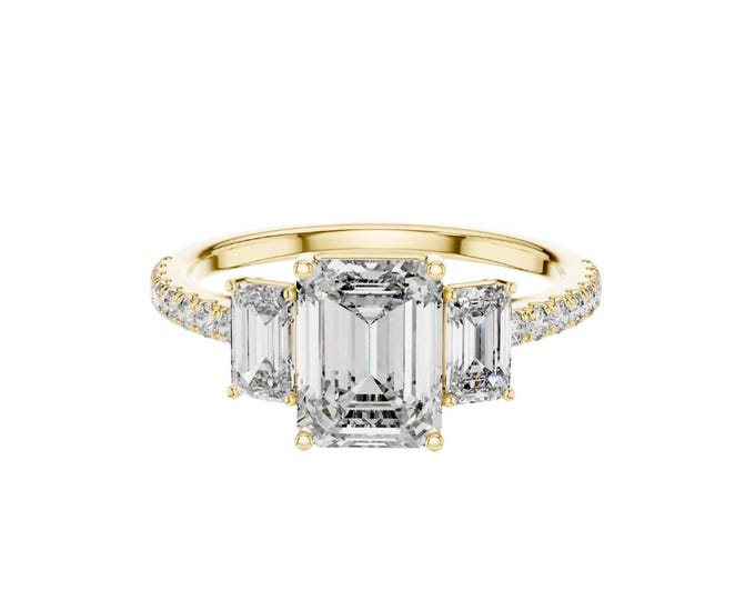 Three Stone Moissanite  Emerald Cut Engagement Ring with Tapered Side Stones in Yellow Gold Diamond Accent Band Elegant Bridal Jewelry