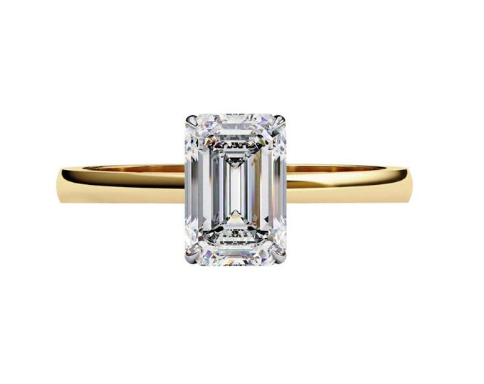 Sleek Solitaire Luxury Gold Emerald Cut Moissanite Engagement Ring Minimalist Perfect Design Modern Bridal Wedding Jewelry Gift for Love