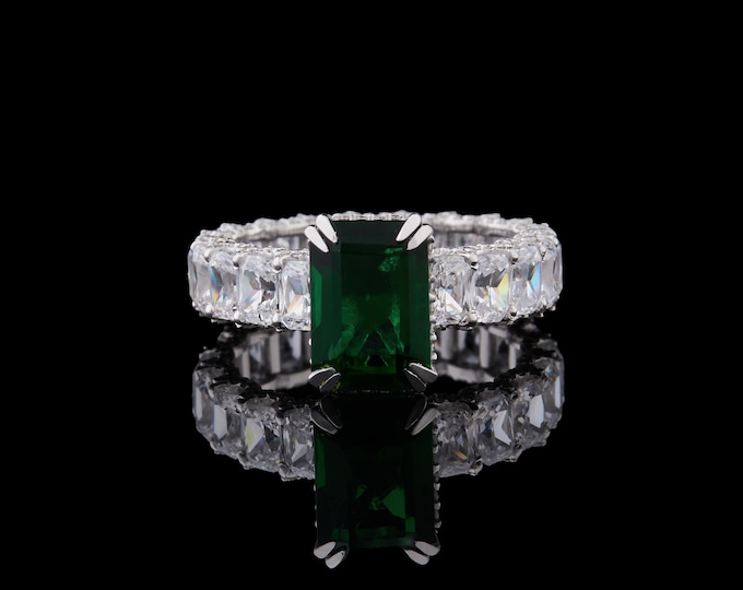 3 CT Emerald Cut Double Prong Moissanite Engagement Ring 14k Solid White Gold Pave Set Wedding Anniversary Gift Ring For Her