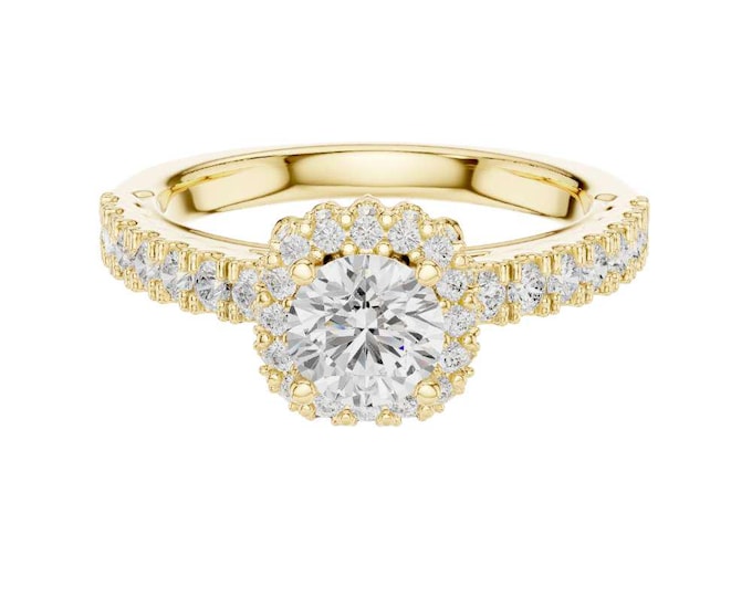 Luxury Halo Round Cut Diamond Moissanite Ring Vintage Inspired Bridal Ring Sparkling Wedding Ring with Pave Diamonds Shiny Anniversary Gift