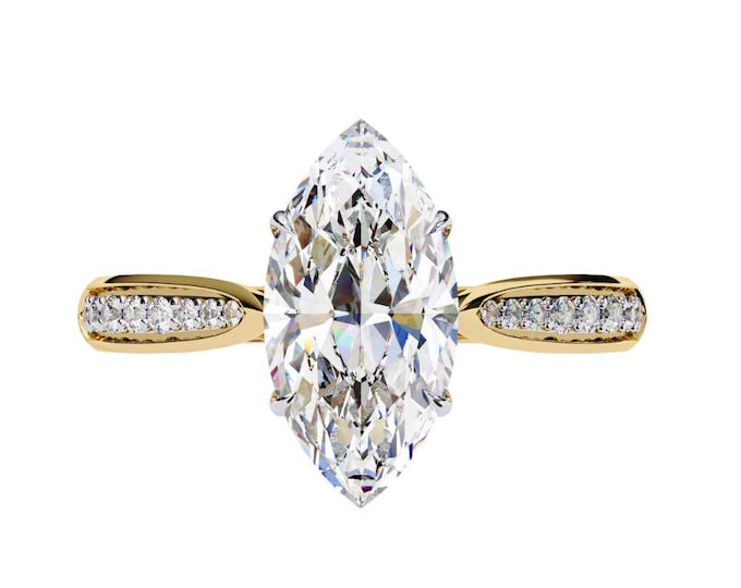 Sparkling Diamond Accent Band Elegant  Marquise Cut Moissanite Engagement Ring in Yellow Gold with Elongated Solitaire Ring Vintage