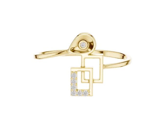 Modern Round Moissanite Geometric Ring Open Band Ring with Diamond Accents Abstract Square & Teardrop Design Minimalist Jewelry Gift for Her
