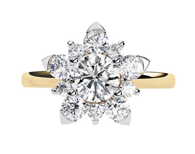 Floral Cluster Diamond Wedding Ring in Yellow Gold Unique Flower Design with Round Cut Diamonds Luxury Bridal Jewelry Statement Ring