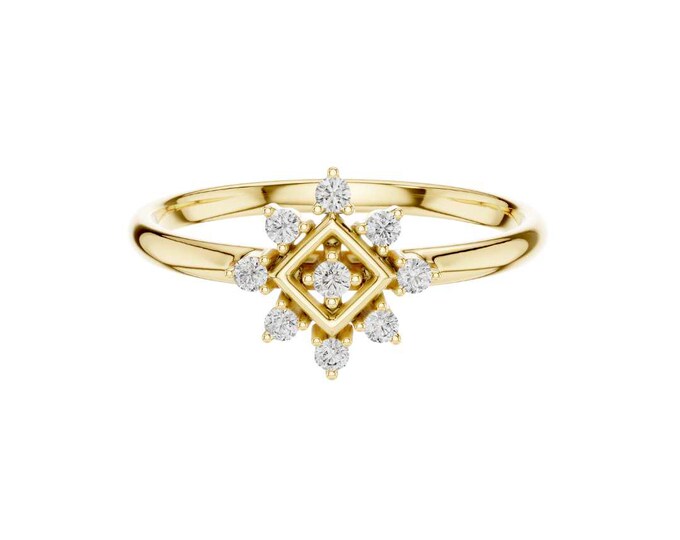 Trendy Moissanite Diamond Geometric Floral Ring Unique Square Center Design with Round & Marquise-Cut Diamonds on a Delicate Split Band