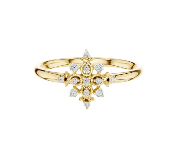 Vintage-Inspired Gold Diamond Starburst Ring 14K Gold Plated Dainty Ring, Elegant Statement Jewelry, Boho Celestial Ring for Women